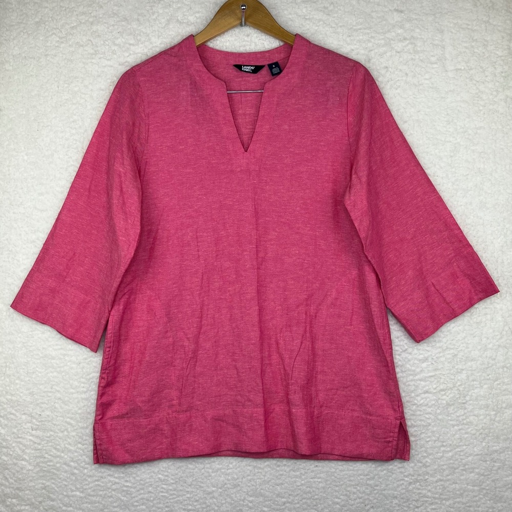 Lands End Womens Pink Linen Blend Split V-Neck 3/4 Sleeve Tunic Top Size S Small